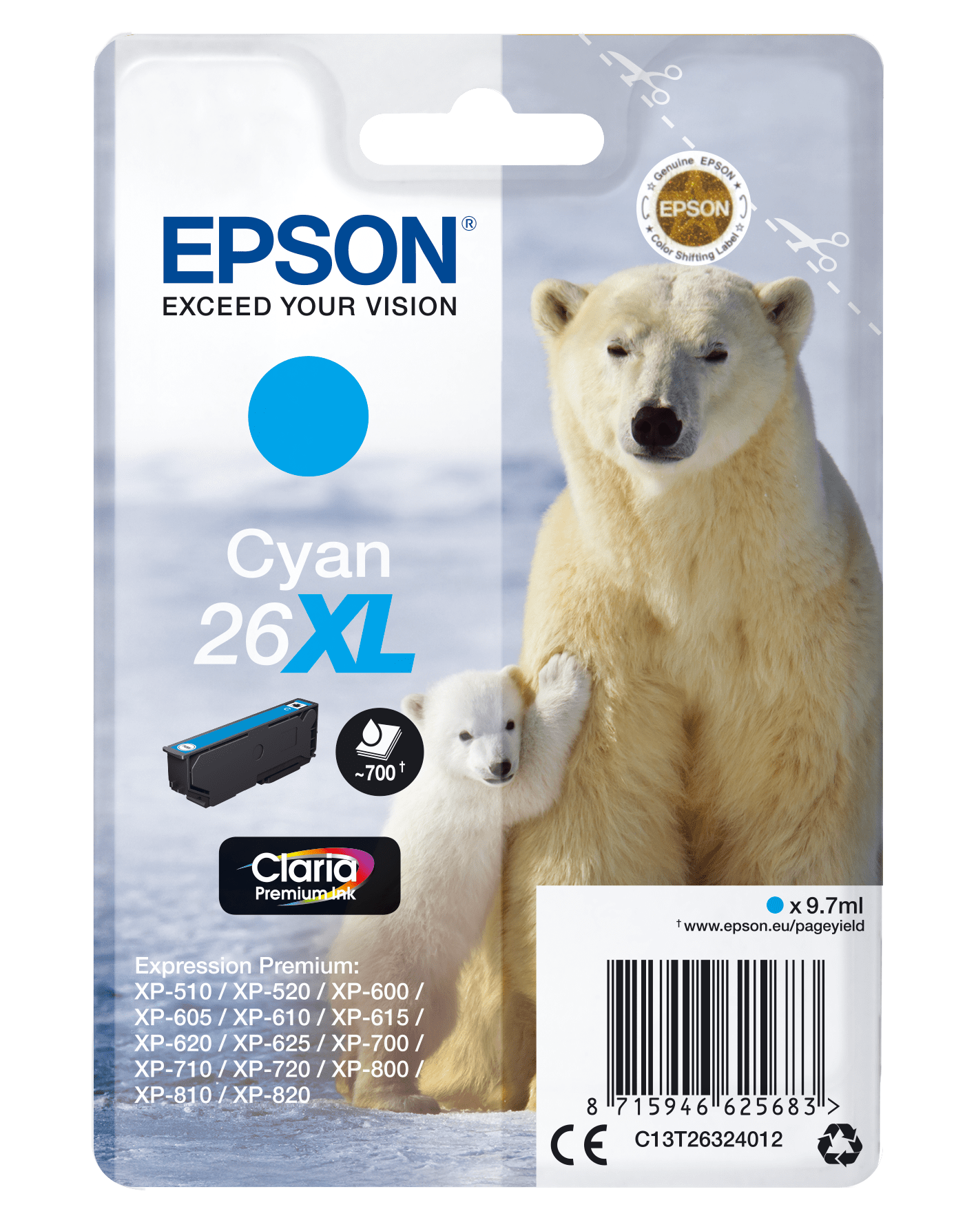 Epson 26 Tinte Eisbär Single, XL, cyan