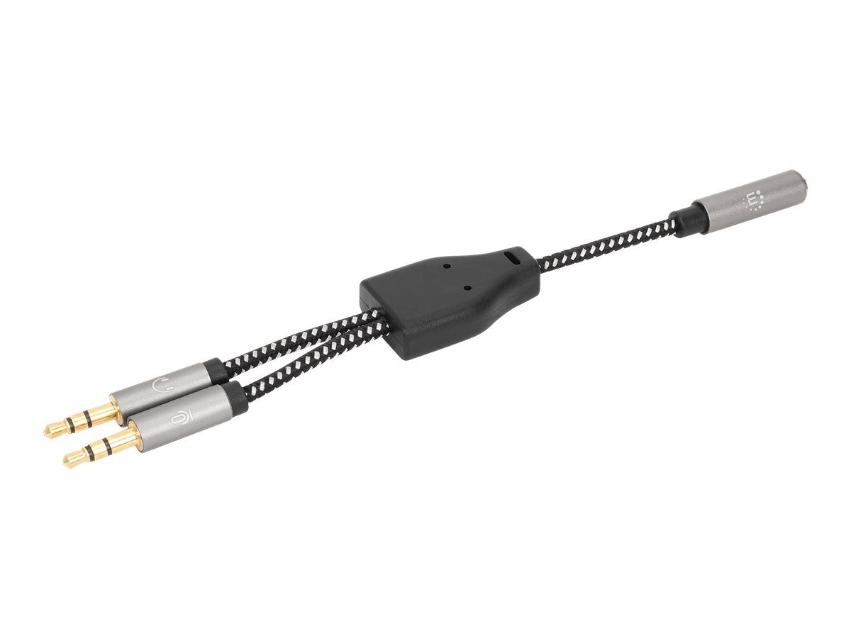 Manhattan Headset Adapter Cable with Stereo Audio Y-Splitter, 3.5mm, Aux, 15cm, Female/2x Male, Splits Single Headset Plug into Microphone and Audio Plugs, Slim Design, Black/Silver, Gold plated contacts and pure oxygen-free copper wire, Lifetime War