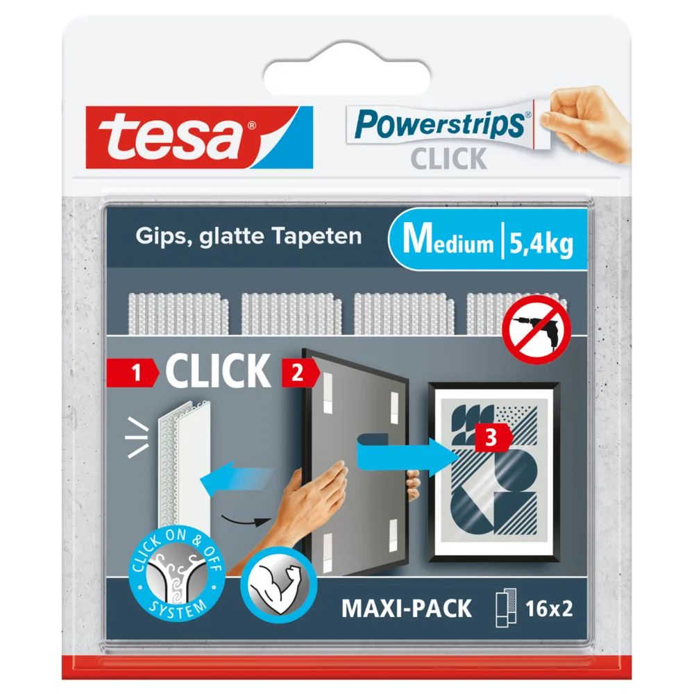tesa® Powerstrips CLICK Klett-Klebepads, Medium 5,4 kg  (16 x 2 Stück)