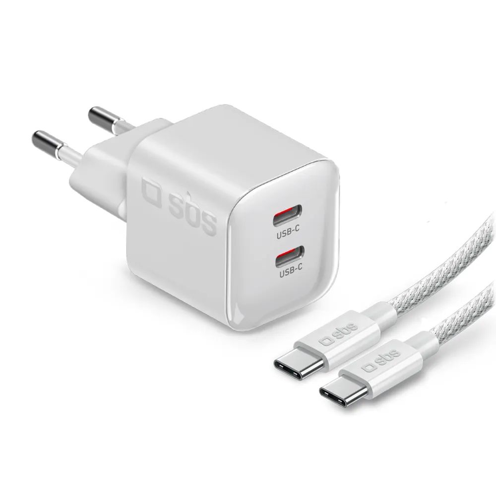 SBS GaN Netzlader, 2x USB-C PD, 60W, inkl. 1,5m USB-C-Kabel