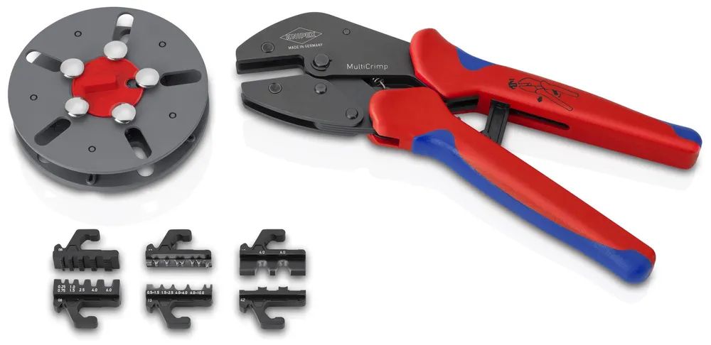 KNIPEX MultiCrimp® Crimpzange mit Wechselmagazin mit Mehrkomponenten-Hüllen brüniert 250 mm