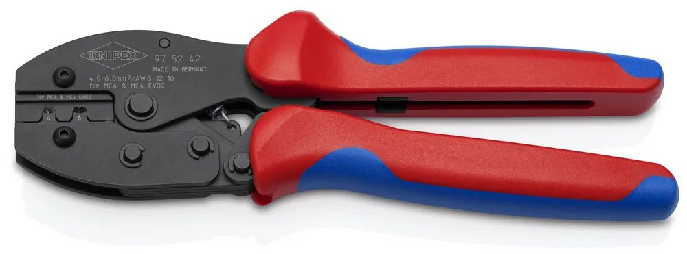 KNIPEX PreciForce® Crimpzange für MC4®-/MC4® EVO 2-Steckverbinder mit rutschhemmenden Kunststoff-Hüllen brüniert 220 mm