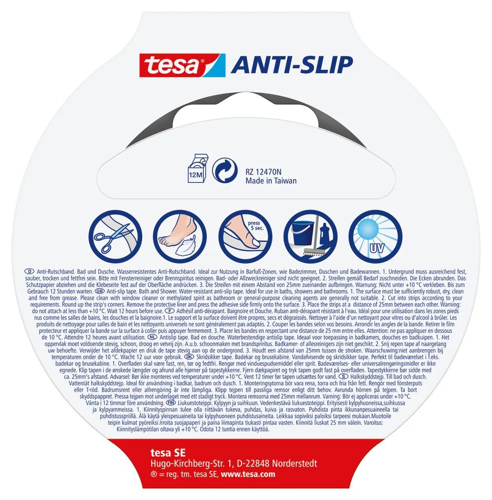 tesa® Anti-Rutschband für Bad und Dusche – 5 m x 25 mm – transparent – Sicherheit auf nassen Flächen