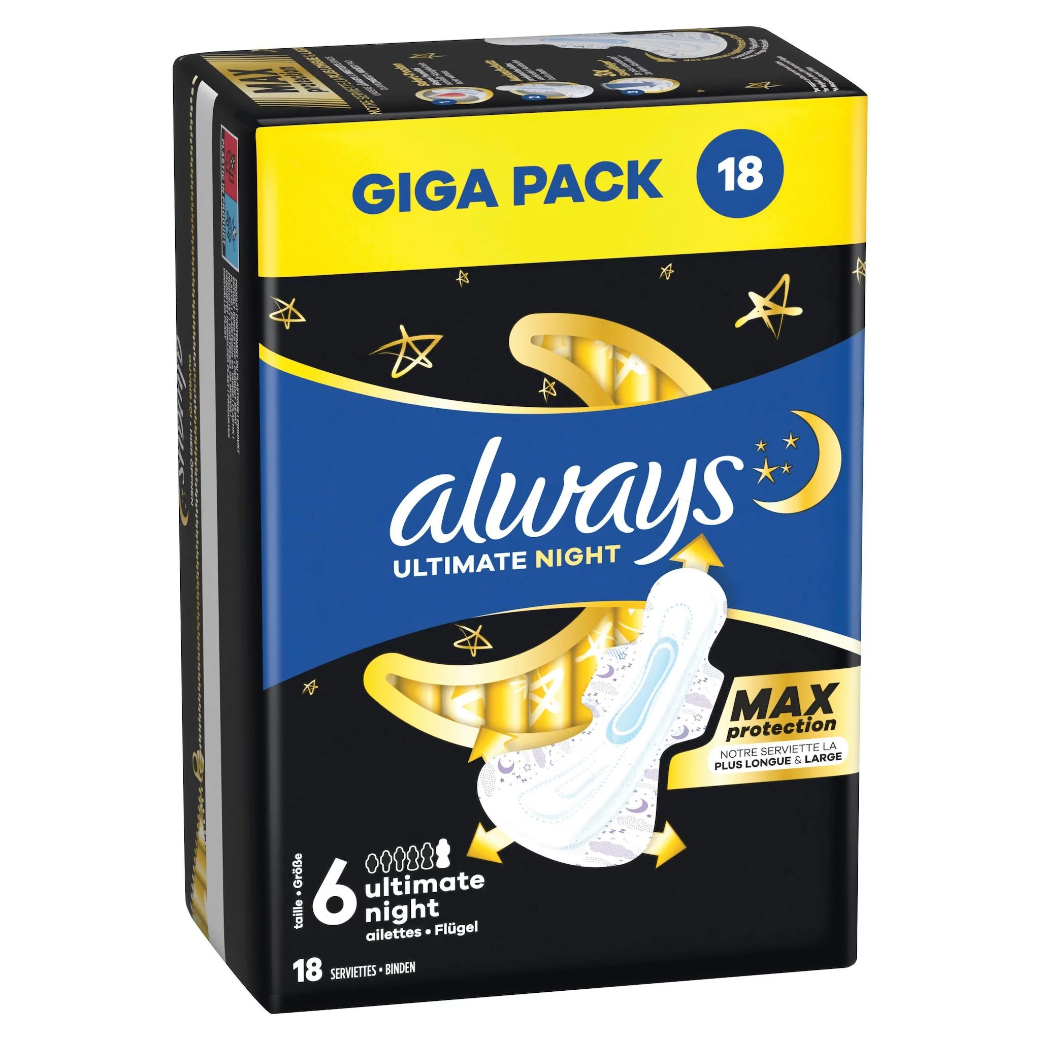 always Binde Ultimate Night - Max Protection mit Flügeln Monatspaket, 54 Binden (3 Packungen x 18 St