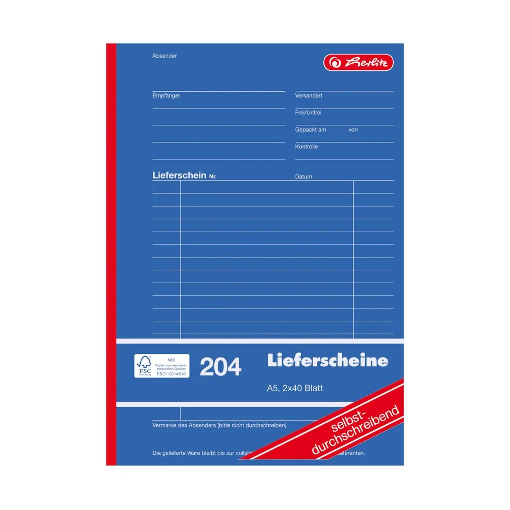 herlitz Lieferscheinbuch A5 204 2x40 Blatt selbstdurchschreibend 4er Packung FSC