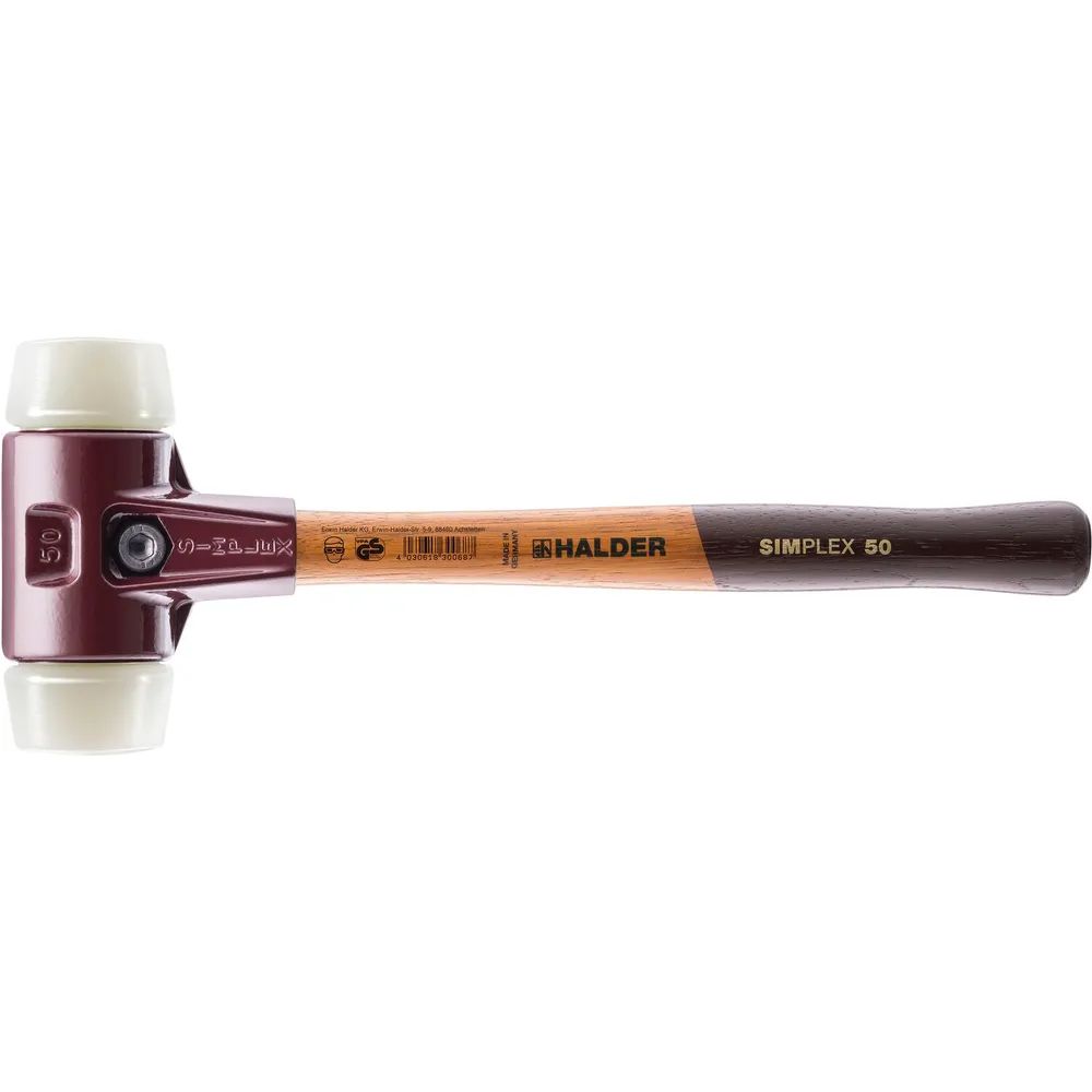 HALDER Schonhammer Temperguss Kopf ø 50 mm Nylon weiß Hickory Stiel