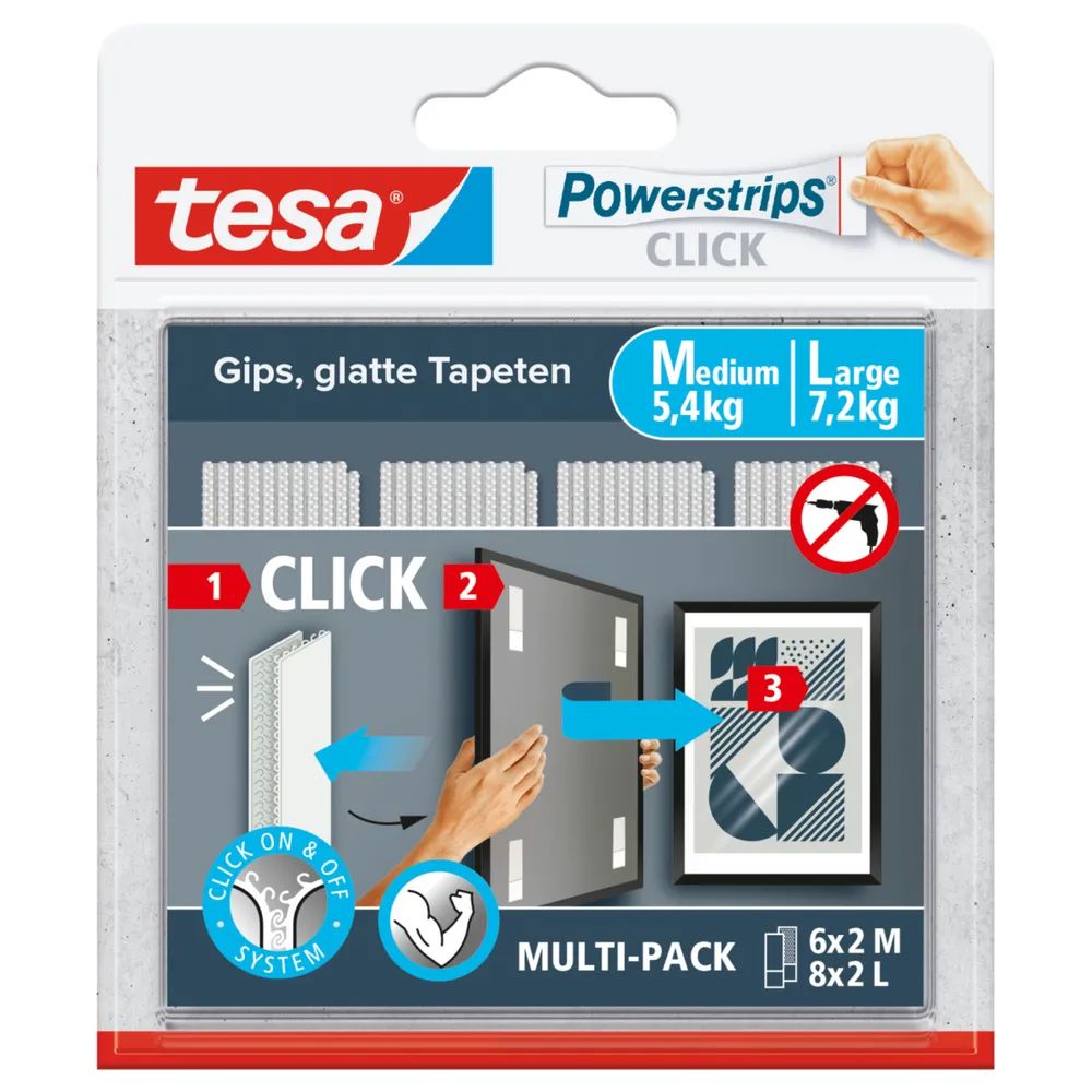 tesa® Powerstrips CLICK Klett-Klebepads, 6x M 5,4 kg & 8x L 7,2 kg