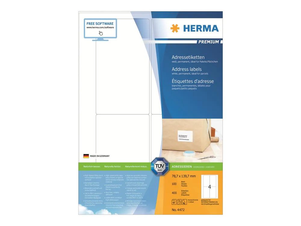 HERMA Premium - Papier - matt - permanent selbstklebend - weiß - 139.7 x 78.7 mm 400 Etikett(en) (100 Bogen x 4)