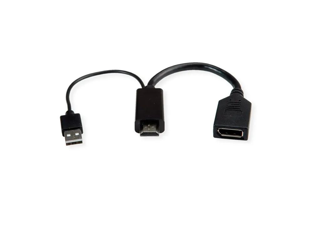 ROLINE Adapterkabel - HDMI, USB (nur Strom) männlich zu DisplayPort weiblich - 15 cm - Schwarz - aktiv, unterstützt 4K 60 Hz (3840 x 2160)