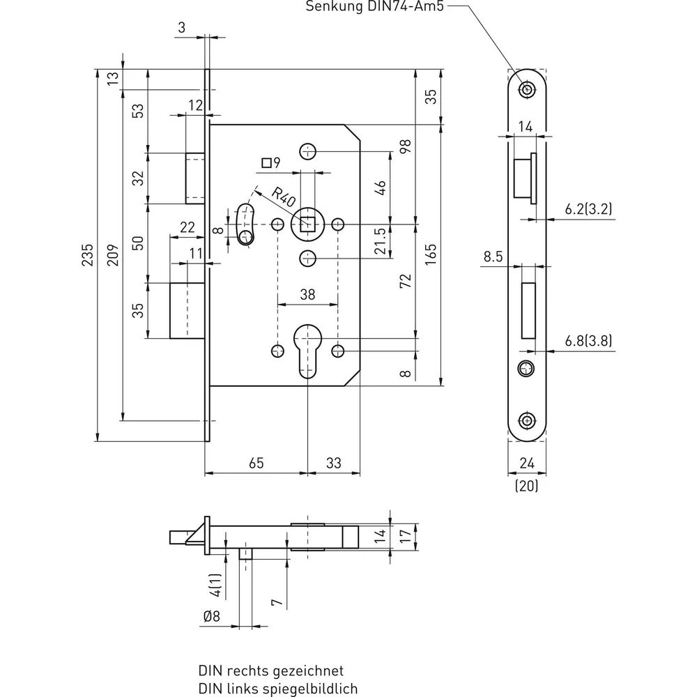BMH Dreifallenhauptschloss 1020 PZ, links, rund, Dorn 65 mm, Edelstahl