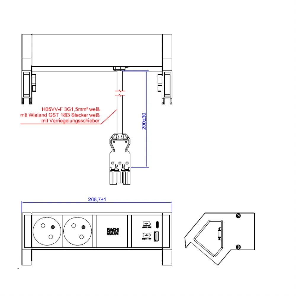 BACHMANN DESK2 white 2xUTE 1xUSB A/C 22W 0,2m GST18