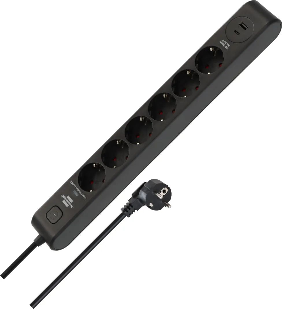 Hugo Brennenstuhl GmbH & Co. KG Überspannungsschutz-Steckdosenleiste 6-fach 13.500 A mit 1x USB C PD 20W, 1x USB A 20W, 2m H05VV-F 3G1,5 schwarz/anthrazit