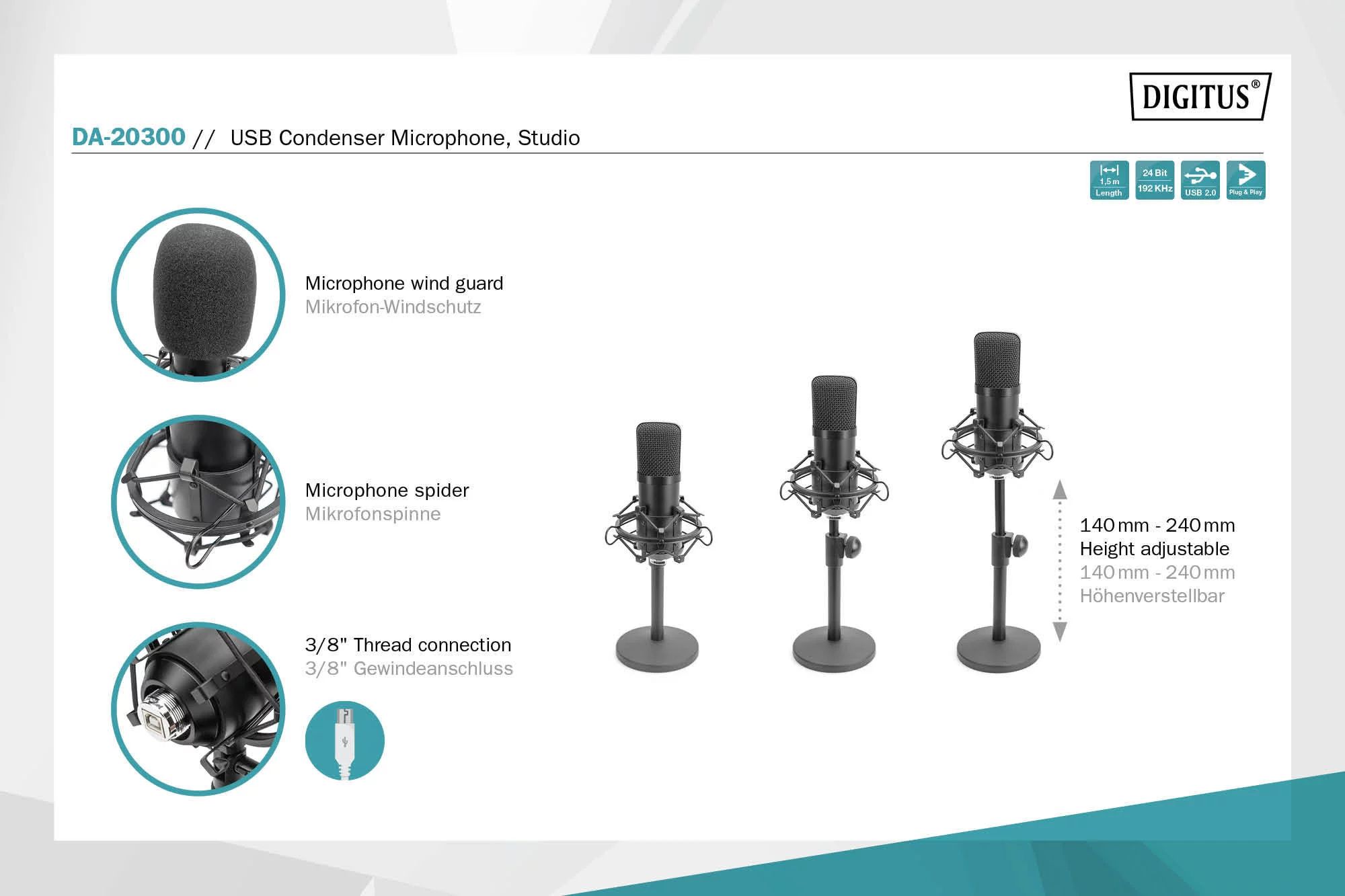 DIGITUS Kondensatormikrofon USB 1.5m 192kHz/24Bit