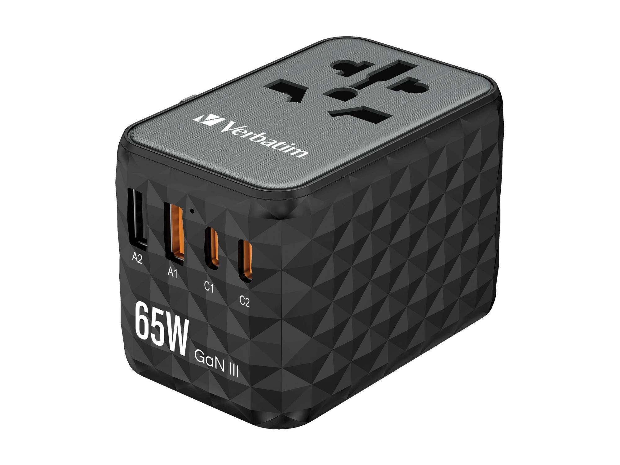 Verbatim UTA-05 - Netzteil - GaN III, Universal - 65 Watt - 5 A - PD 3.0, QC 4.0+, QC 3.0, Fast Charge, Super Charge, Apple Fast Charge, PD/PPS, USB BC 1.2 - 4 Ausgabeanschlussstellen (2 x USB-C, 2 x USB)