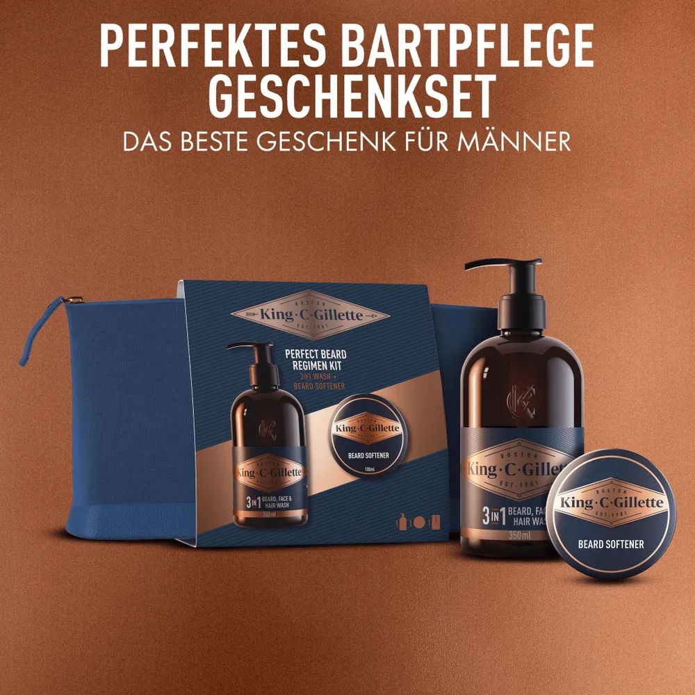 King C. Gillette Geschenkset Bartshampoo + Bartbalsam + Kosmetikbeutel