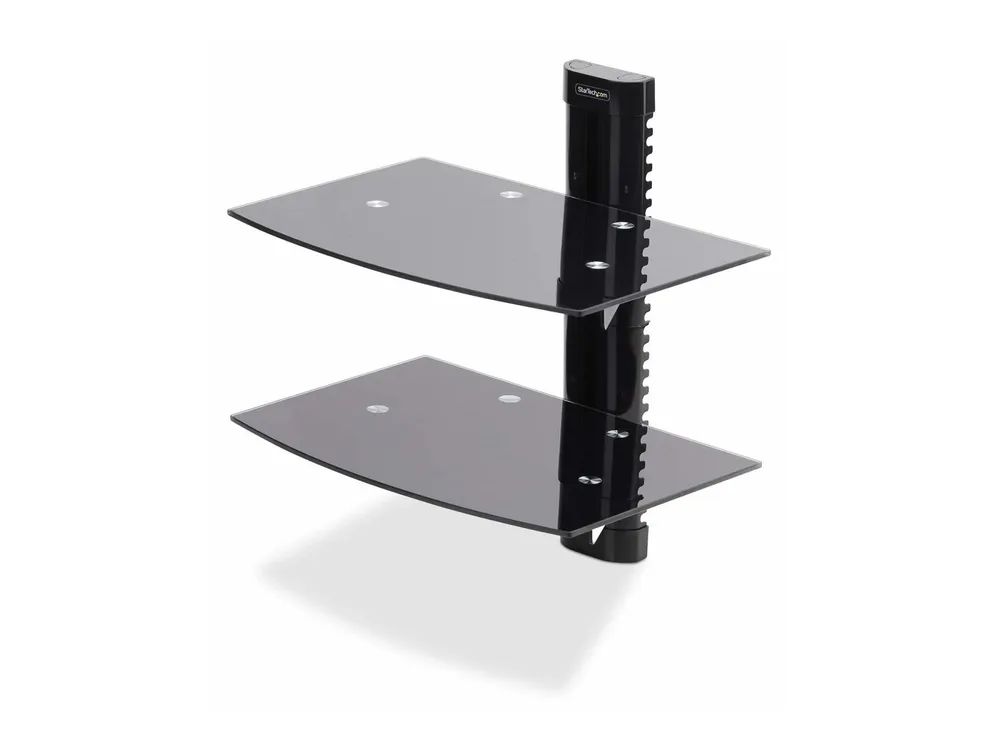 StarTech.com Dual Floating Wall-Mounted AV Shelves, Adjustable Height Shelf For Under TV, Organize A/V Equipment On Black Tempered Glass Shelves