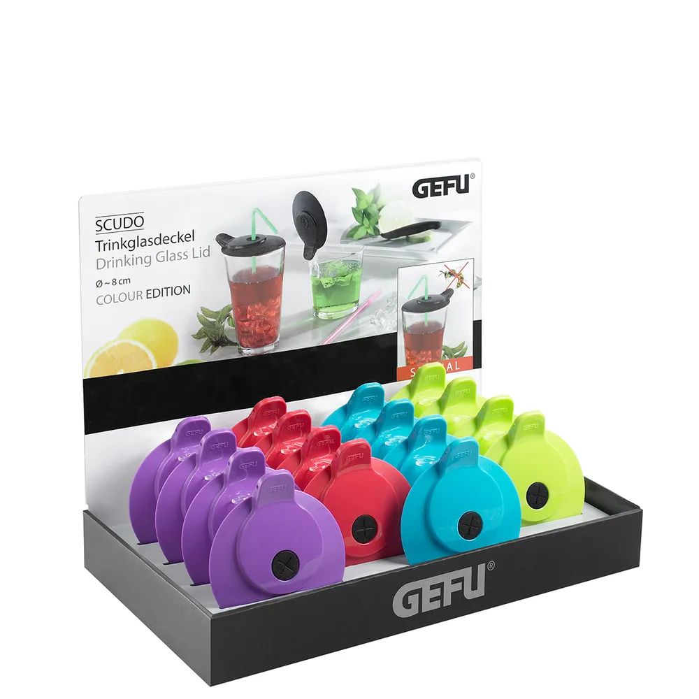GEFU Display Trinkglasdeckel SCUDO Inhalt: 32 Stück (8 Stück je Farbe) Einzel-EAN: 40 06664 89284 1