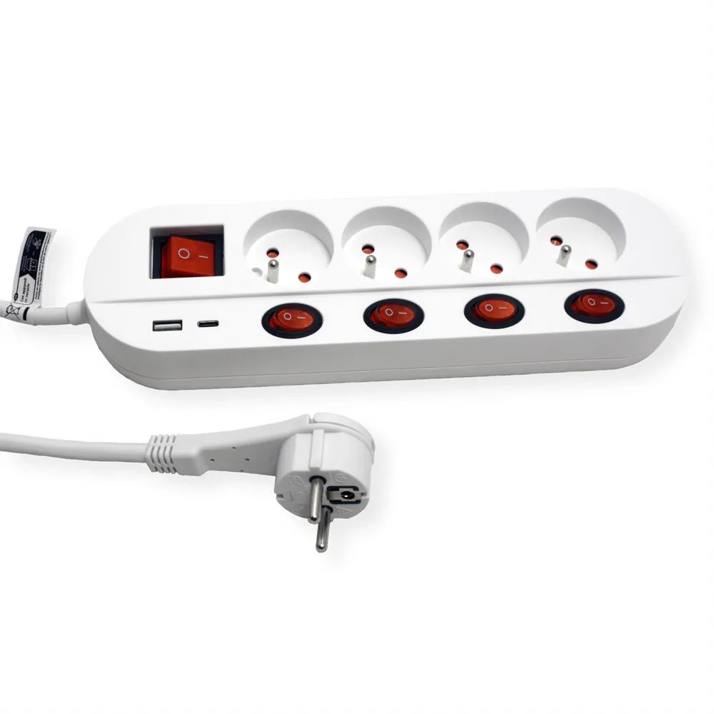 ROLINE 4-fach Steckdosenleiste mit Schalter, UTE Version, USB-Charger A+C, 3 m