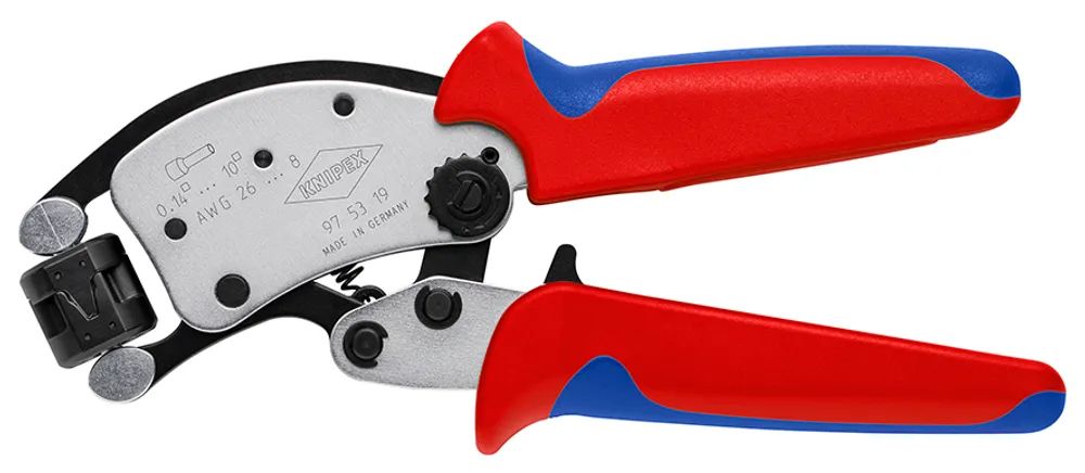KNIPEX Twistor® T Selbsteinstellende Crimpzange für Aderendhülsen mit drehbarem Crimpkopf mit Mehrkomponenten-Hüllen verchromt 200 mm