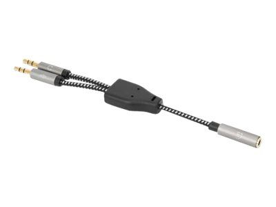 Manhattan Headset Adapter Cable with Stereo Audio Y-Splitter, 3.5mm, Aux, 15cm, Female/2x Male, Splits Single Headset Plug into Microphone and Audio Plugs, Slim Design, Black/Silver, Gold plated contacts and pure oxygen-free copper wire, Lifetime War