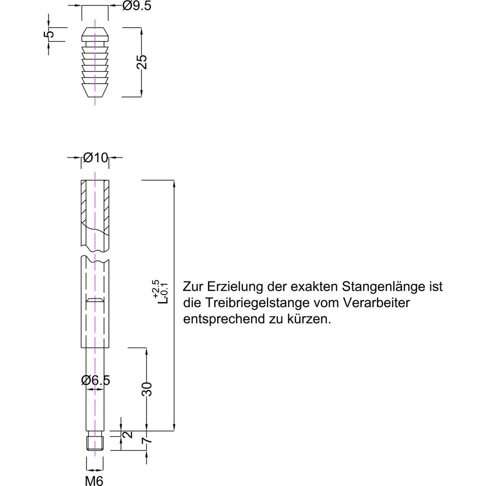 BMH Treibriegelstange 1101, 2000 mm, mit Gleitstopfen für oben, Stahl verzinkt