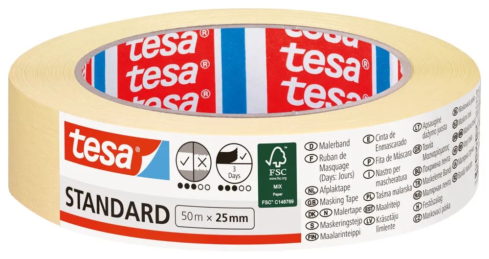 tesa® Malerband Standard 50 m x 25 mm – beige – universelles Abdeckband