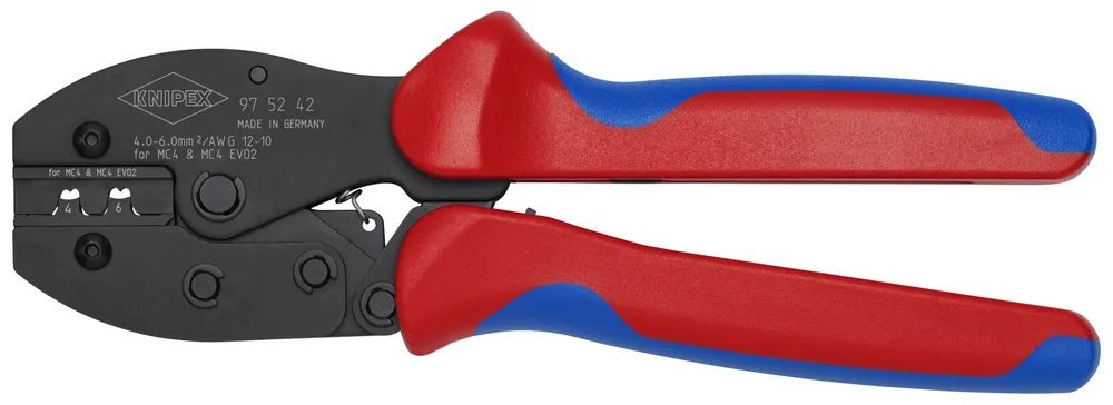 KNIPEX PreciForce® Crimpzange für MC4®-/MC4® EVO 2-Steckverbinder mit rutschhemmenden Kunststoff-Hüllen brüniert 220 mm