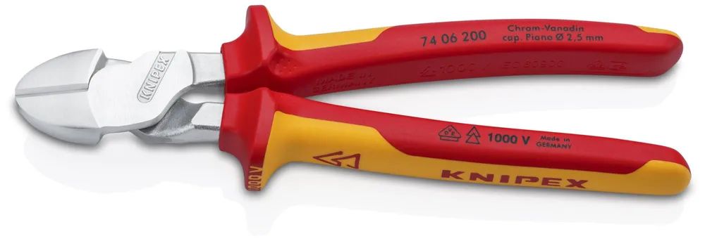 KNIPEX 74 06 200 SB Kraft-Seitenschneider isoliert mit Mehrkomponenten-Hüllen, VDE-geprüft verchromt 200 mm
