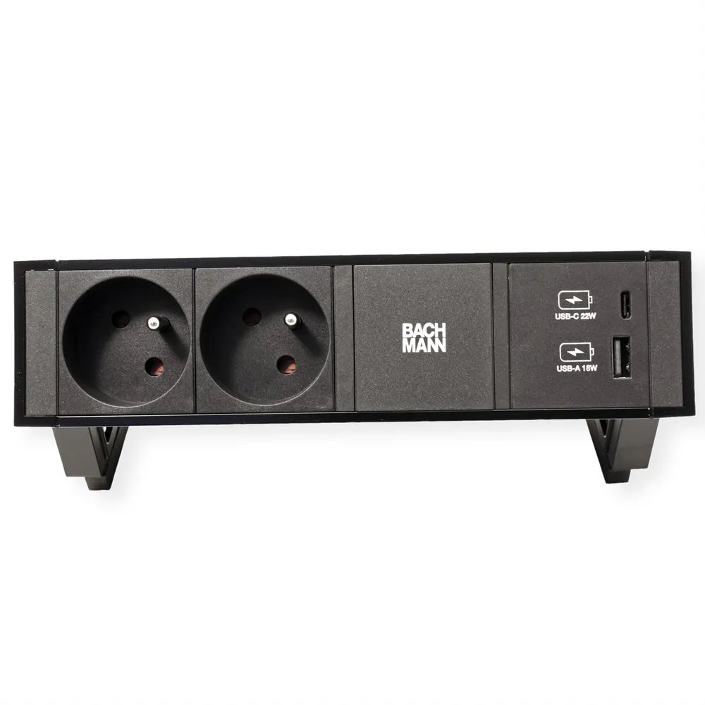 BACHMANN DESK2 2xUTE 1xUSB A/C 22W, GST18 RAL9005, schwarz, 0,2 m