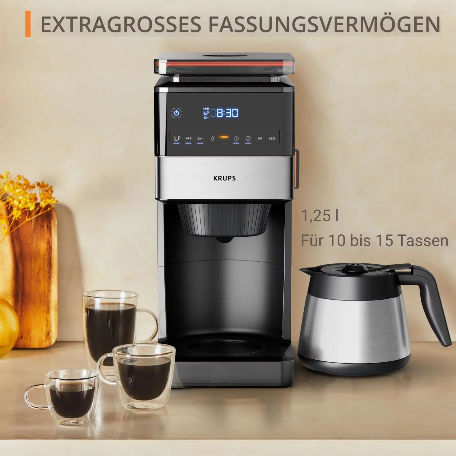 KRUPS KT8428 Filterkaffeemaschine mit Mahlwerk,  Grind Aroma XL Thermobehälter - Schwarz/Edelstahl