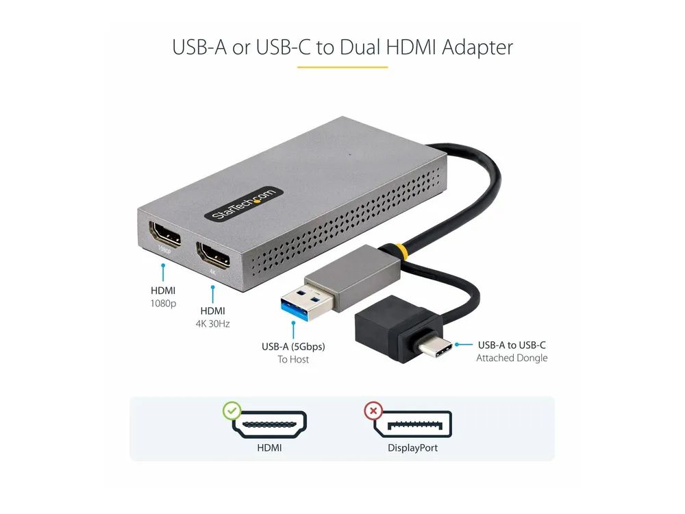 StarTech.com USB to Dual HDMI Adapter, USB A/C to 2x HDMI Monitors (1x 4K 30Hz, 1x 1080p)