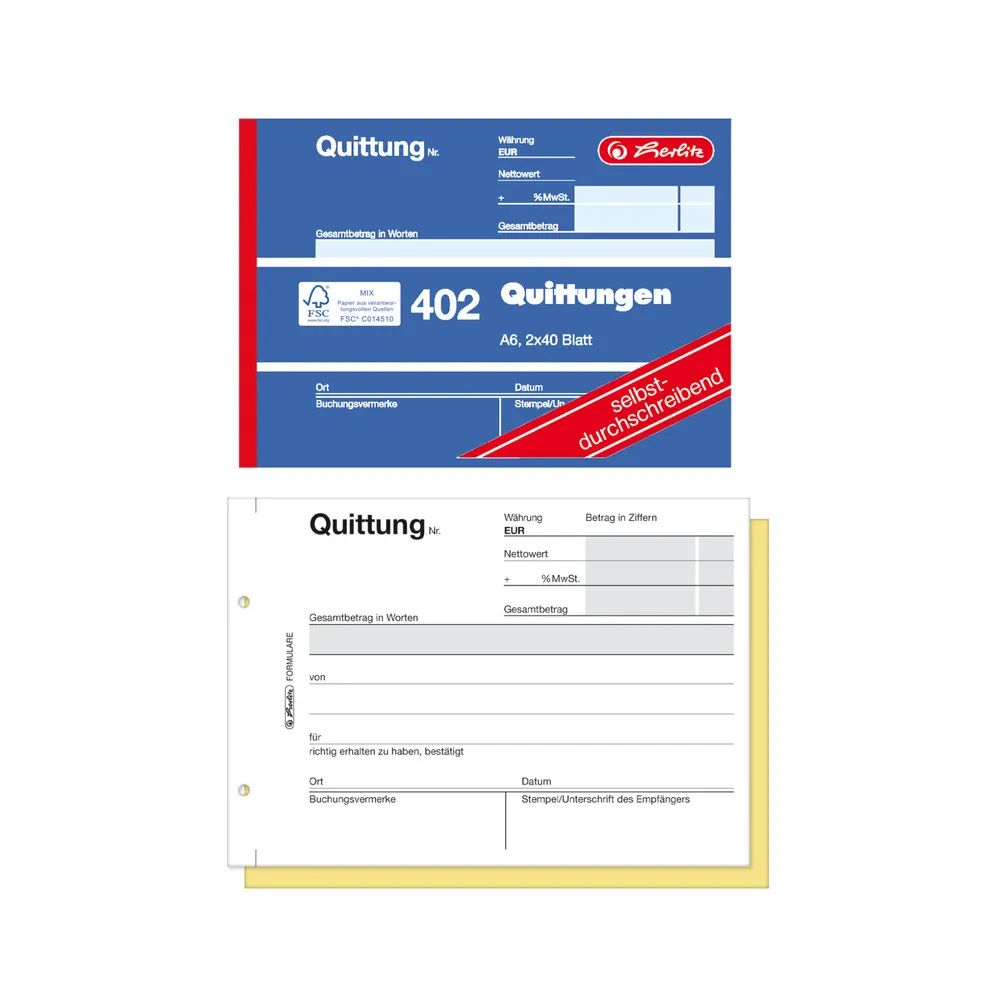 herlitz Quittungsblock A6 402 2x40 Blatt selbstdurchschreibend 4er Packung FSC