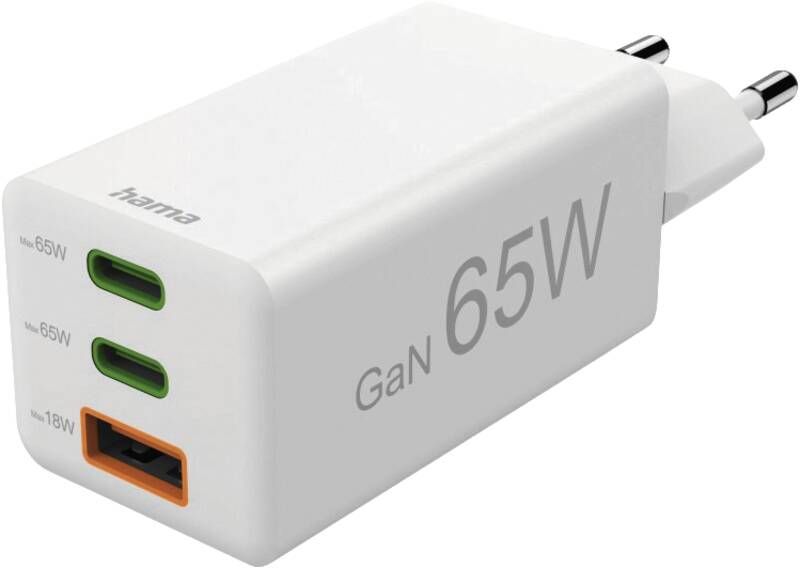 Hama 125142 Mini-Lader, GaN, 2 USB-C+1 A, 65W