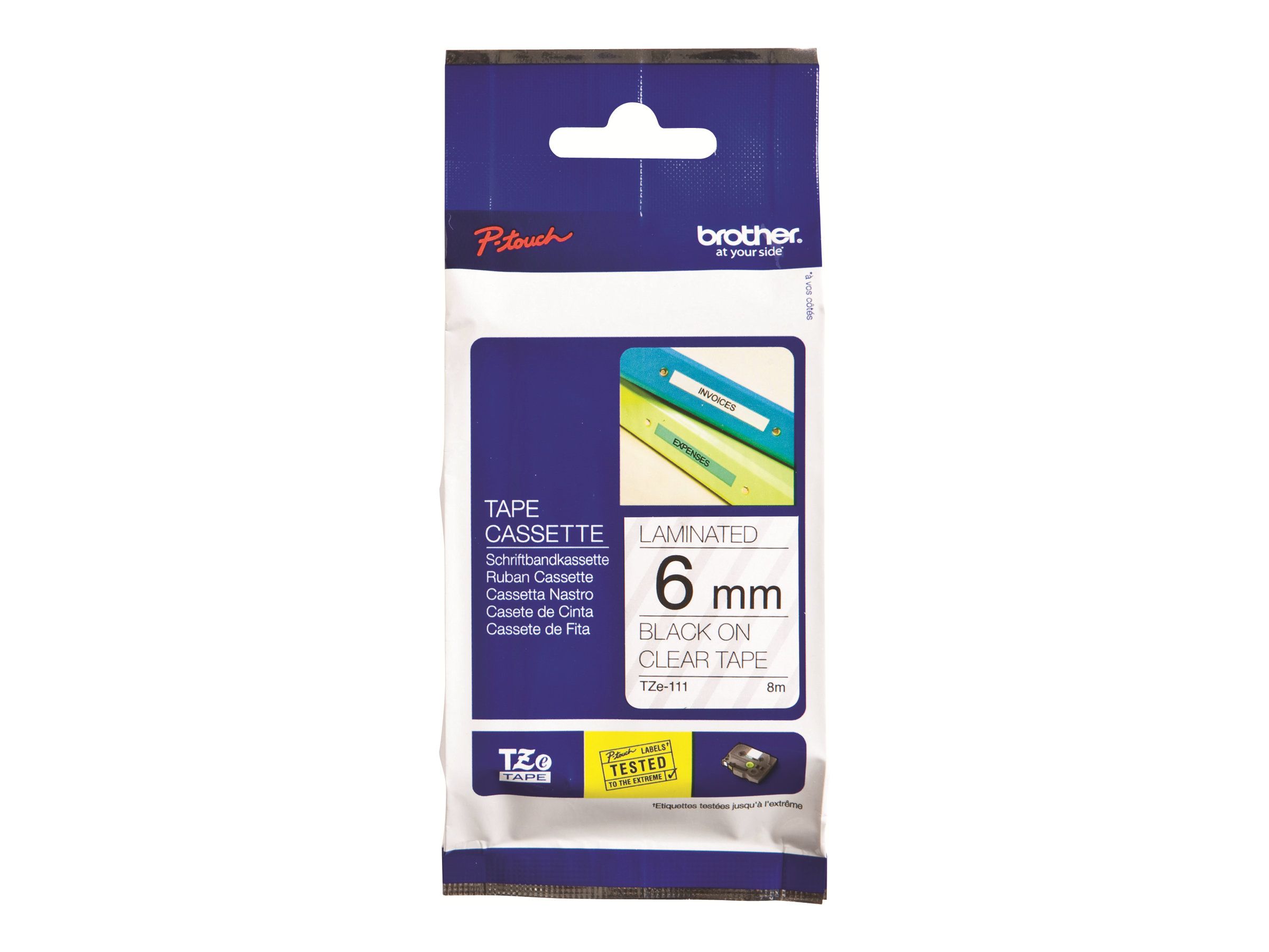 Brother TZe-111 - Standard-Klebstoff - schwarz auf durchsichtig - Rolle (0,6 cm x 8 m)