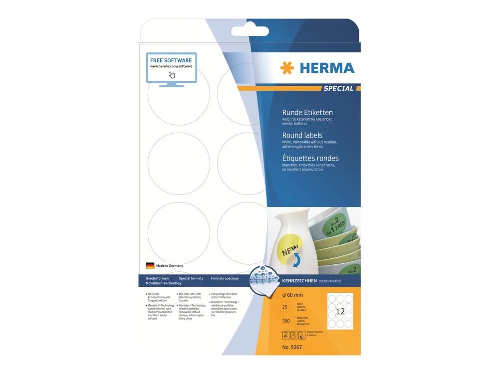 HERMA Special - Papier - matt - selbstklebend, entfernbarer Klebstoff - weiß - 60 mm rund 300 Etikett(en) (25 Bogen x 12)