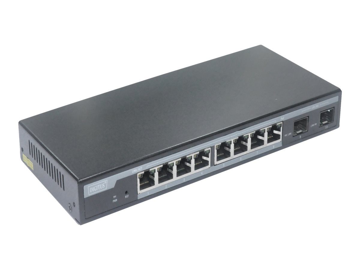 DIGITUS 8-Port Gigabit PoE Netzwerkswitch, Desktop, L2 managed, 2 Uplinkports, SFP, 86 W, af/at
