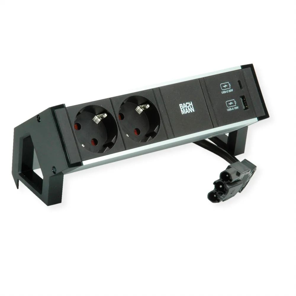 BACHMANN DESK2 ALU BLACK 2xSchutzkt.USB, USB Charger 22W A&C 0,2m GST18