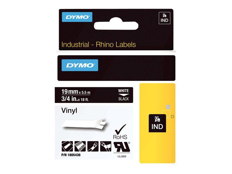 Dymo Rhino Coloured Vinyl - Vinyl - permanenter Klebstoff - Weiß auf Schwarz - Roll (1.9 cm x 5.5 m)