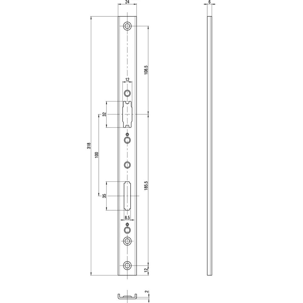 BKS Adapterstulp für Fluchttürschlösser Serie 18, U-Stulp 318x24x6 mm, Edelstahl