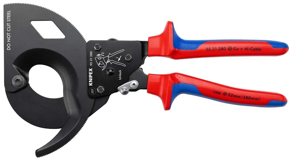 KNIPEX 95 31 280 Kabelschneider (Ratschenprinzip) mit Mehrkomponenten-Hüllen schwarz lackiert 280 mm