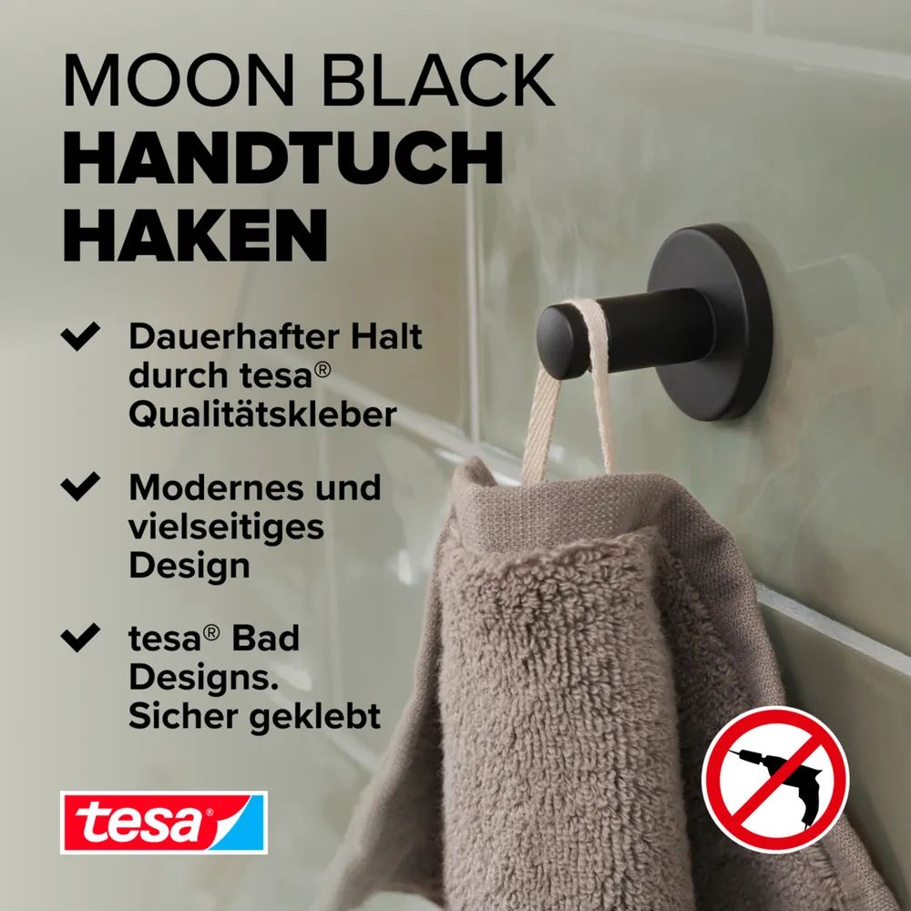 Tesa MOON BLACK - Drinnen - Handtuchhaken - Schwarz - Metall - Rund - 37 mm