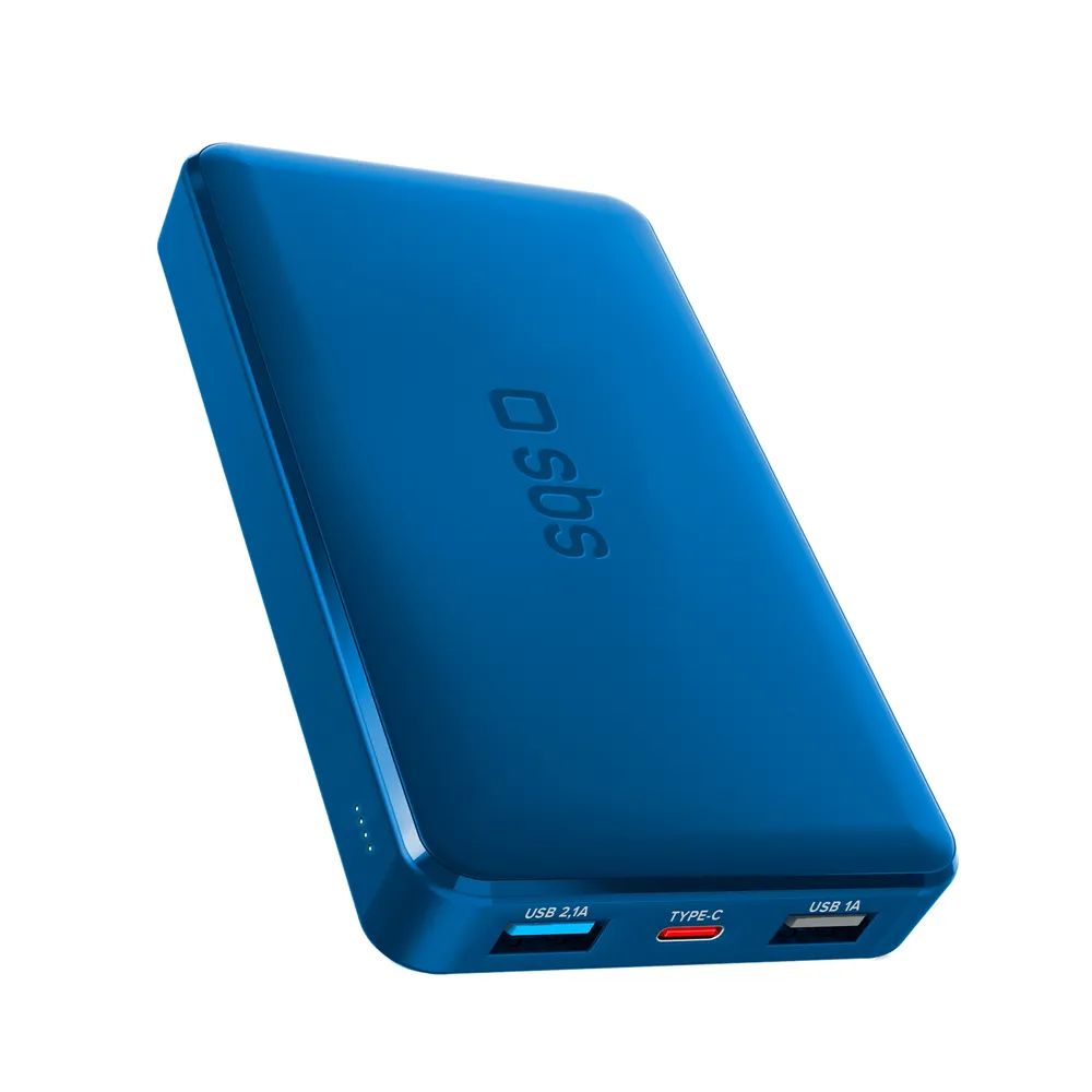 SBS Powerbank 10W, 10.000 mAh, 2x USB-A, 1x USB-C und 1x Micro-USB blau