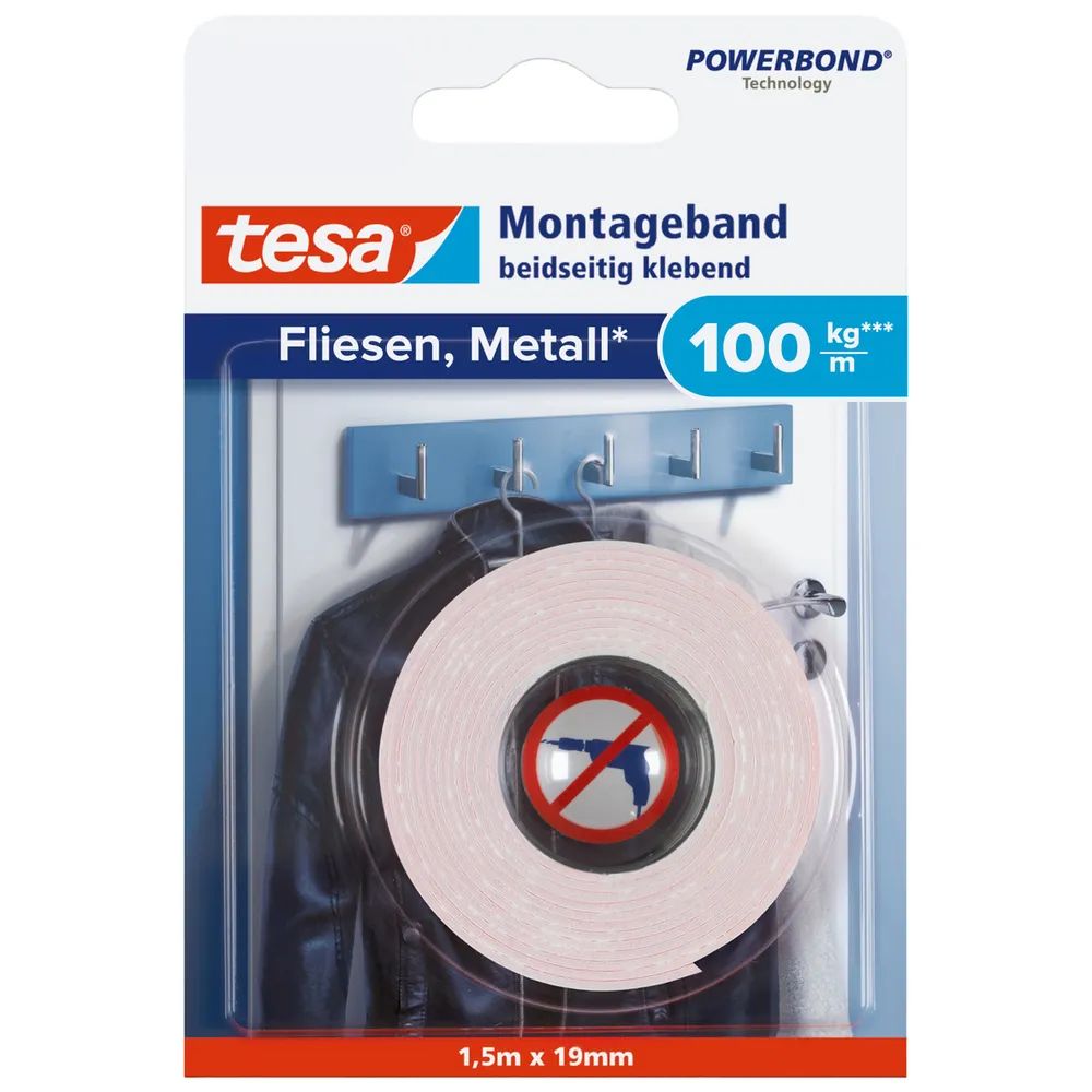 tesa® Montageband Fliesen 1,5m × 19mm, Blister