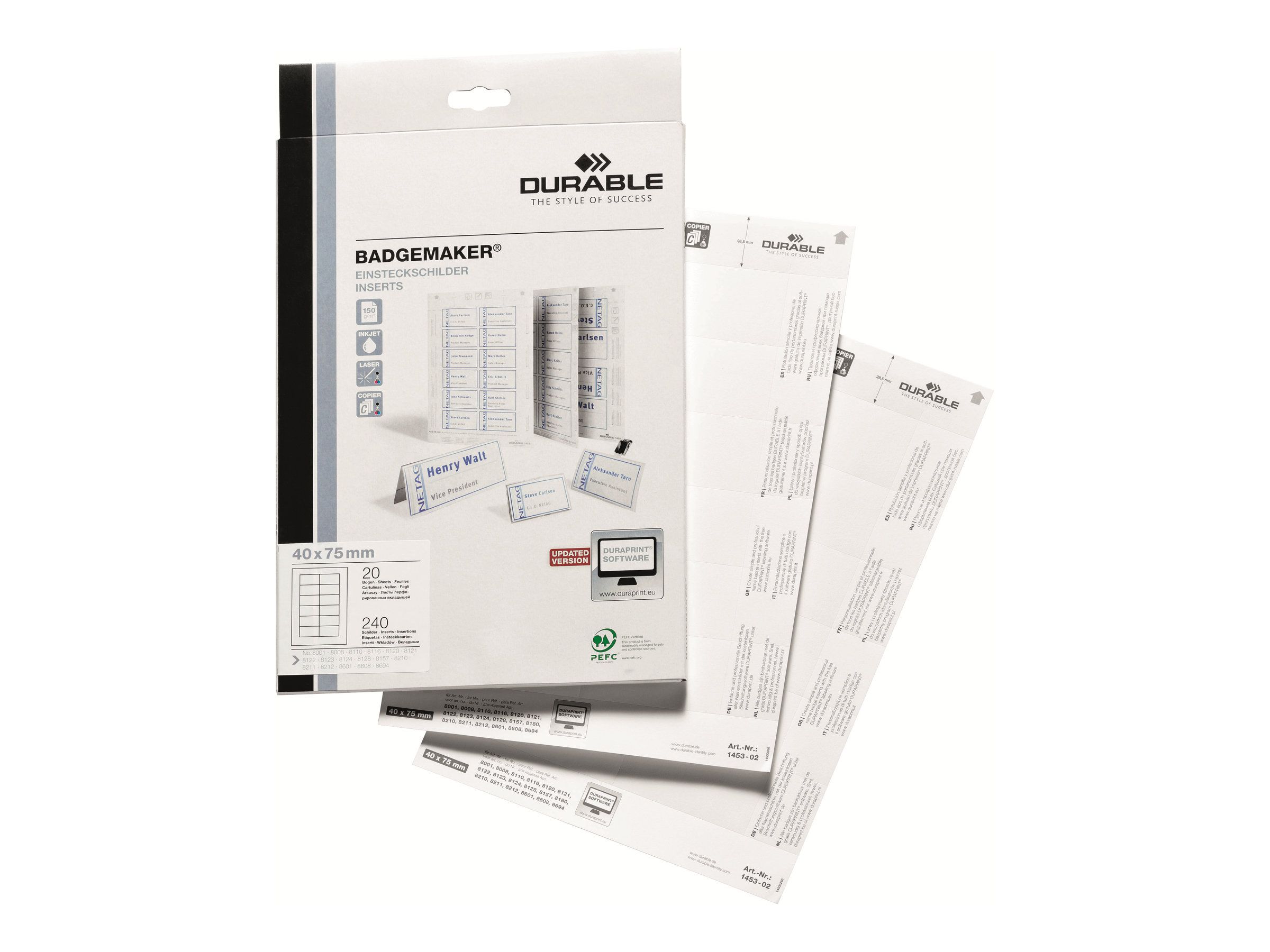 Durable Weiß - 40 x 75 mm - 150 g/m² - 240 Karte(n) (20 Bogen x 12)