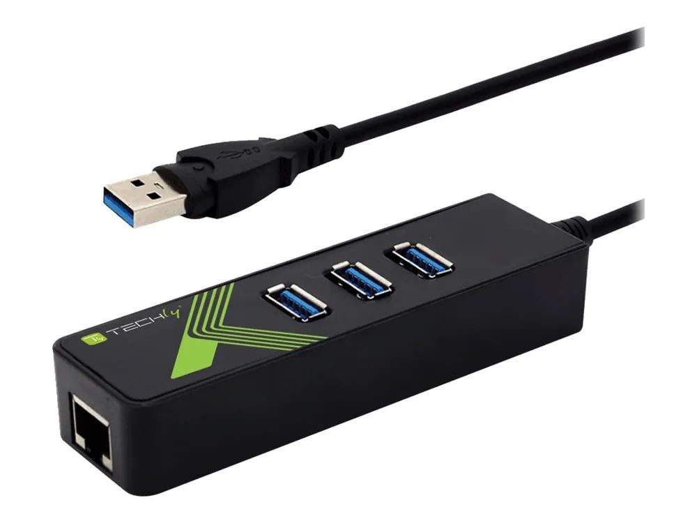 Techly USB3.0 Gigabit Ethernet Adapter Converter with 3-Port Hub