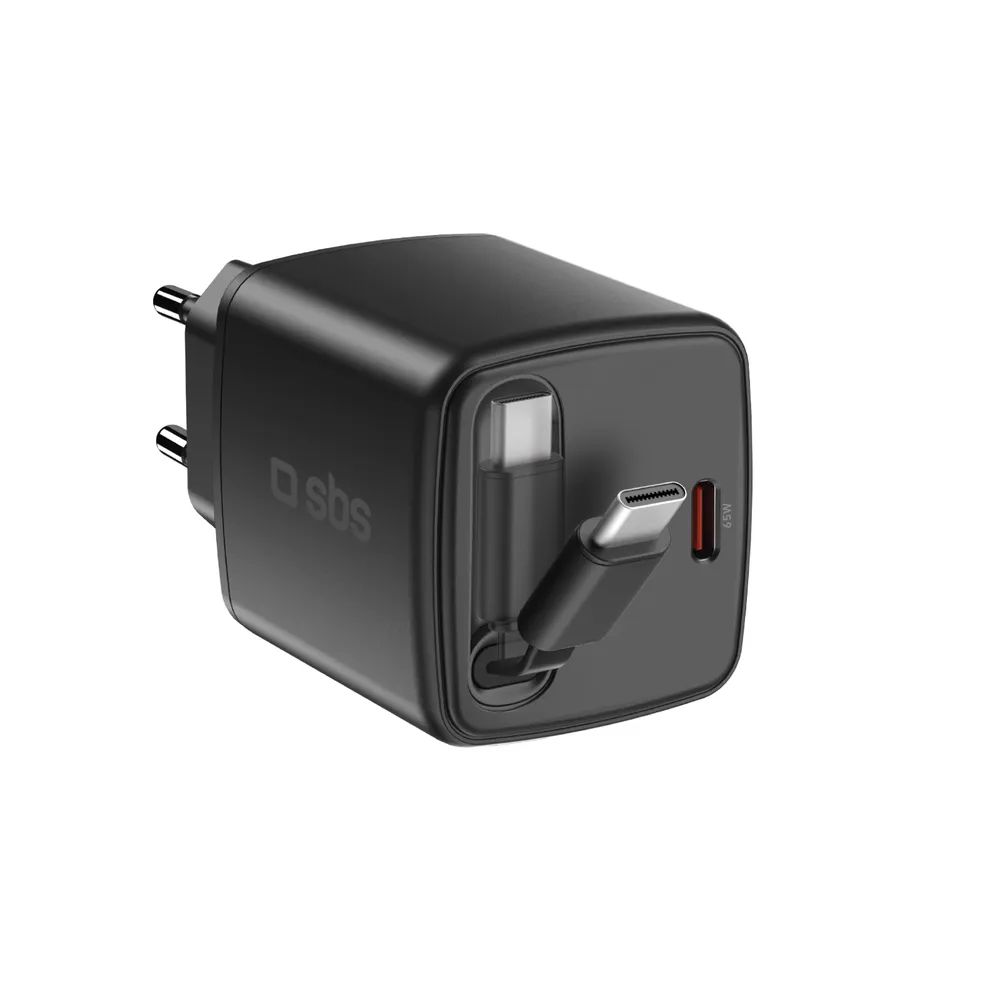 SBS GaN Netzlader, 1x USB-C PD & 1x ausziehbares USB-C Kabel, 65W