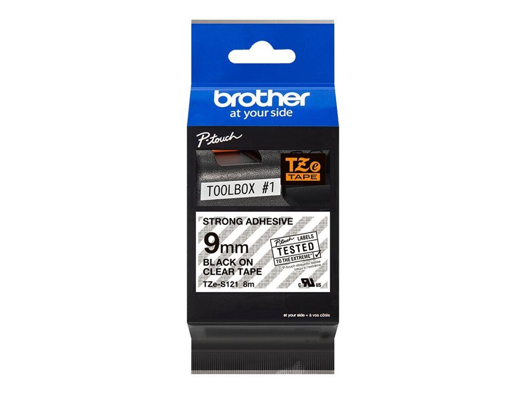 Brother TZe-S121 - Extrem stark haftend - schwarz auf durchsichtig - Rolle (0,9 cm x 8 m)