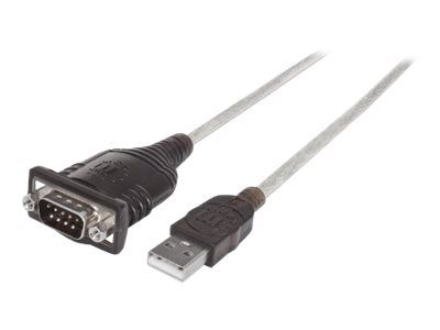 Manhattan USB-A to Serial Converter cable, 45cm, Male to Male, Serial/RS232/COM/DB9, Prolific PL-2303RA Chip, Black/Silver cable, Three Year Warranty, Polybag