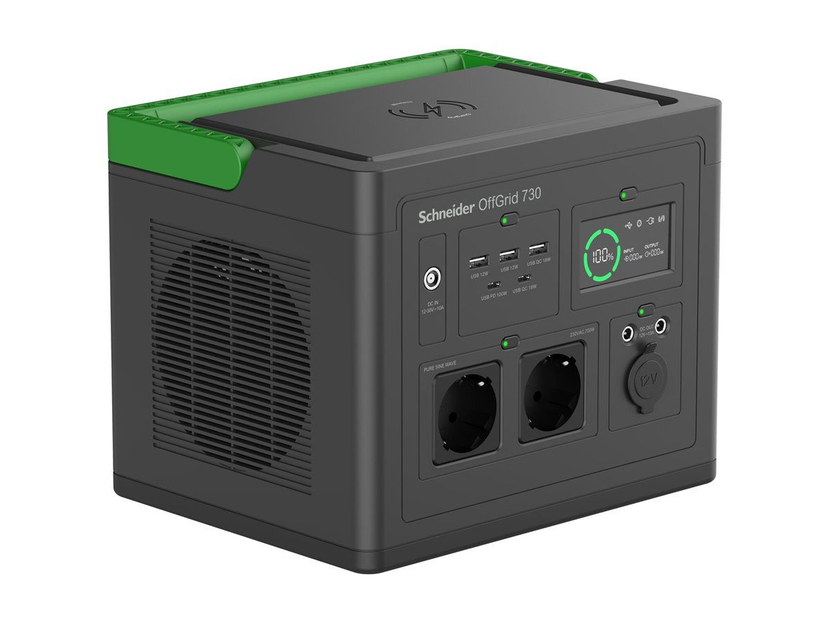 APC Schneider OffGrid 730 - Tragbares kraftwerk - LCD, Lithium-Ionen, 2 CEE 7/3 Schuko-Steckdosen, Sinuswelle, 3 USB-A, 1 USB-C, kabelloses Laden