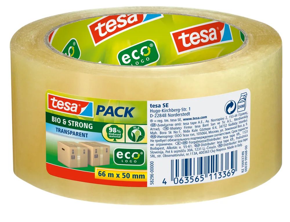 tesapack® Bio & Strong PLA 66 m x 50 mm – nachhaltiges Verpackungsband aus Biokunststoff